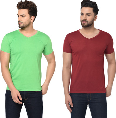 Tresna Fab Solid Men V Neck Green, Red T-Shirt