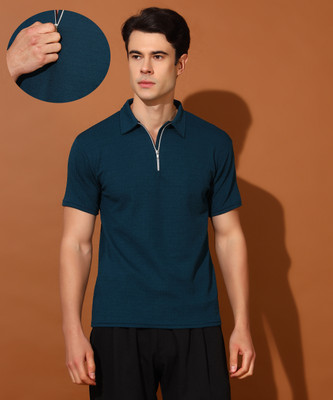 Christy World Solid Men Polo Neck Blue T-Shirt