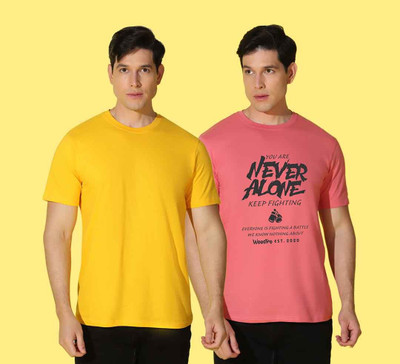 WOOSTRO Printed Men Round Neck Yellow, Pink T-Shirt