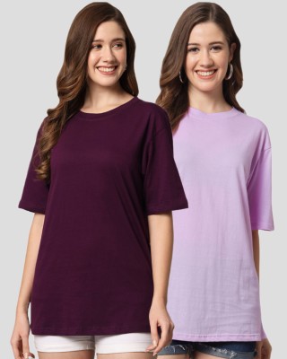 FUNDAY FASHION Solid Women Round Neck Black, Purple T-Shirt