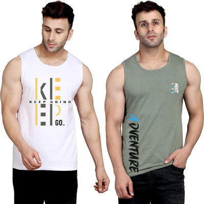 SLOWLORIS Printed Men Round Neck White, Light Green T-Shirt