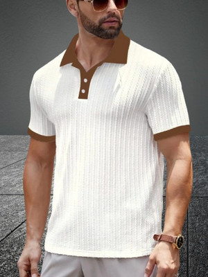 radhe creation Self Design Men Round Neck Brown, White T-Shirt