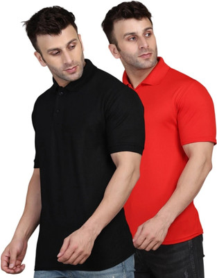 INKKR Solid Men Polo Neck Black, Red T-Shirt