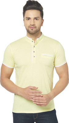 Tresna Trending Solid Men Mandarin Collar Yellow T-Shirt