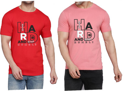 WOOSTRO Printed Men Round Neck Red, Pink T-Shirt