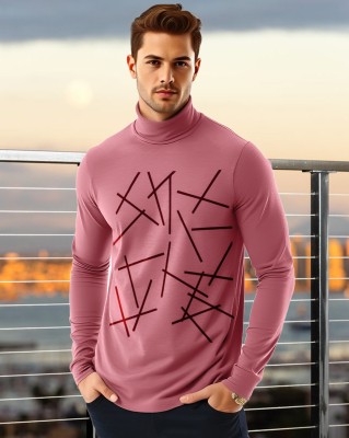 AUSK Printed Men High Neck Pink, Black T-Shirt