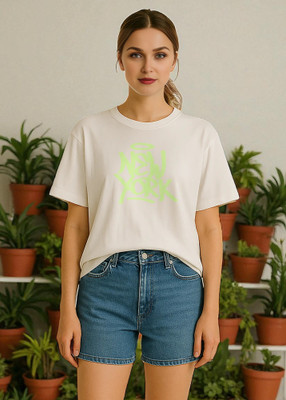 Elvia Printed Women Round Neck White T-Shirt