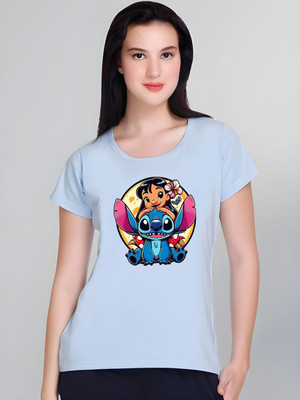 Moda Rapido Graphic Print Women Round Neck Light Blue T-Shirt