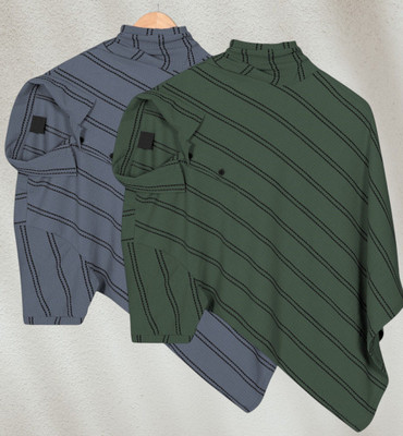 PRAIZY Striped Men Polo Neck Green, Grey T-Shirt