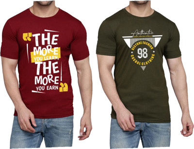 WOOSTRO Printed Men Round Neck Maroon, Dark Green T-Shirt