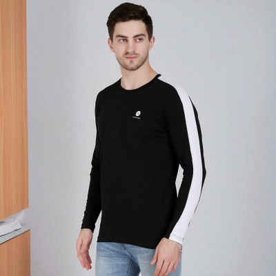 FARICON Striped Men Round Neck Black T-Shirt