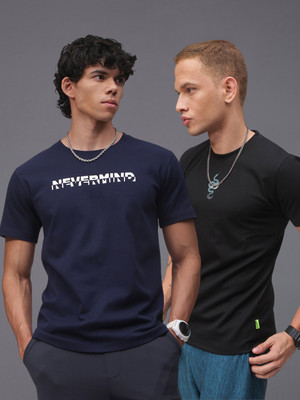 MADSTO Printed, Solid Men Round Neck Black, Dark Blue T-Shirt