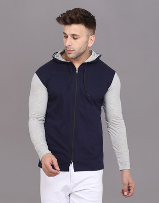 Blisstone Colorblock Men Hooded Neck Dark Blue, Grey T-Shirt