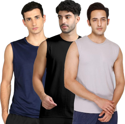 Moordale Solid Men Round Neck Dark Blue, Black, Grey T-Shirt