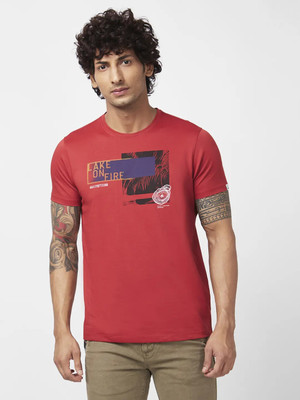 Spykar Printed Men Round Neck Red T-Shirt