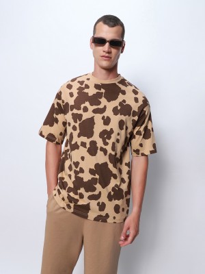 BEWAKOOF Printed Men Round Neck Brown, Beige T-Shirt