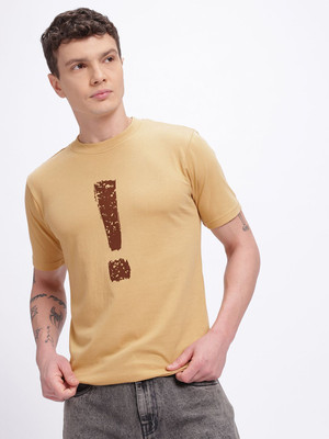 Glitchez Printed Men Round Neck Beige T-Shirt