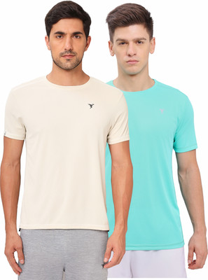 TECHNOSPORT Solid Men Round Neck White, Blue T-Shirt