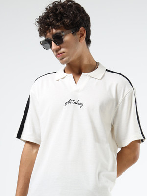 Glitchez Printed Men Polo Neck White T-Shirt