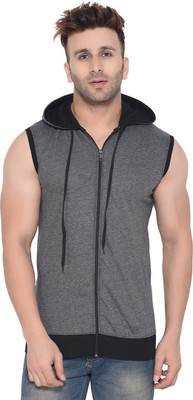 GEUM Solid Men Hooded Neck Black, Grey T-Shirt