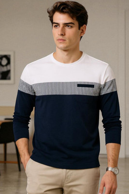 Autna Striped Men Round Neck Navy Blue, White T-Shirt