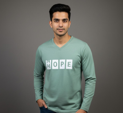 Aazham Printed Men V Neck Green T-Shirt