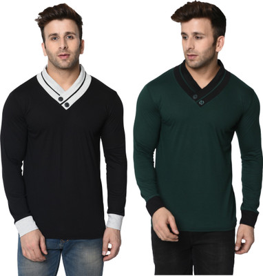 Adorbs Trend Solid Men Shawl Neck Dark Green, Black T-Shirt