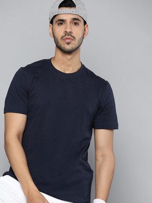 RULEDBYSUN Solid Men Round Neck Navy Blue T-Shirt