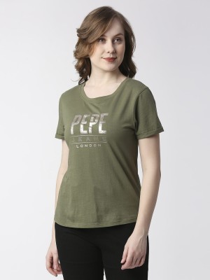 Pepe Jeans Typography Women Round Neck Green T-Shirt