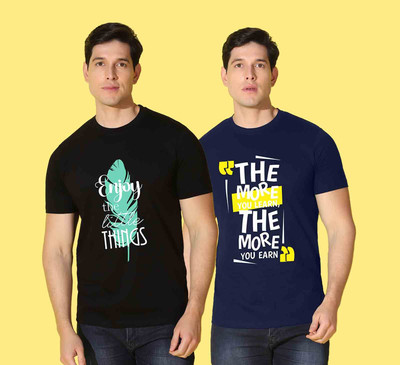 WOOSTRO Printed, Typography Men Round Neck Black, Navy Blue T-Shirt