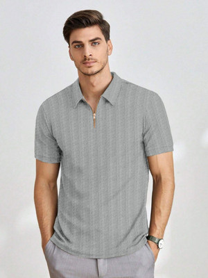 Moda Rapido Self Design Men Polo Neck Grey T-Shirt