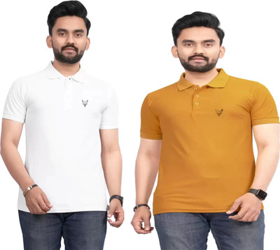 ELEGORY Solid Men Polo Neck Yellow, White T-Shirt