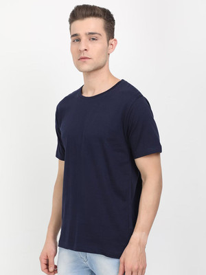 OrrganicChics Solid Men Round Neck Navy Blue T-Shirt