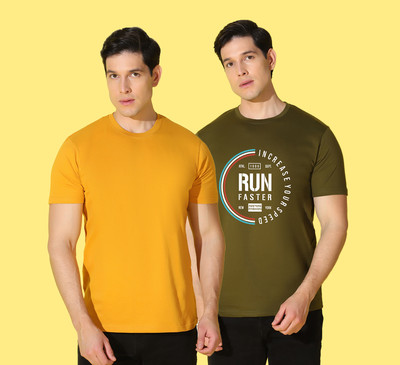 WOOSTRO Printed Men Round Neck Yellow, Green T-Shirt