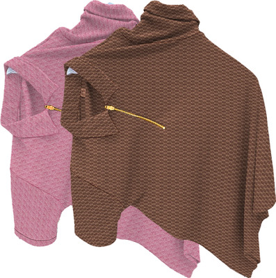 KAJARU Self Design Men Zip Neck Pink, Brown T-Shirt