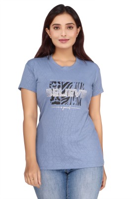 Janiya Self Design Women Round Neck Blue T-Shirt