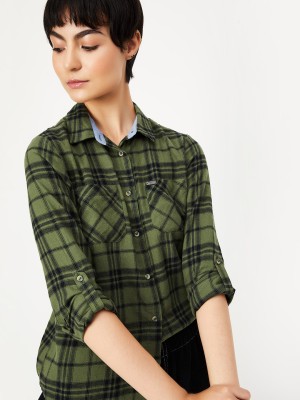 MAX Women Checkered Casual Green, Black Shirt