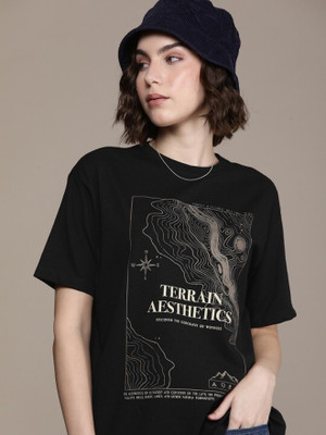 Roadster Printed Women Round Neck Black T-Shirt