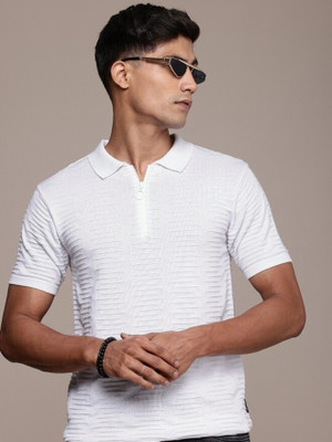Roadster Self Design Men Polo Neck White T-Shirt
