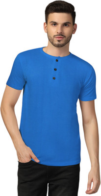 GEUM Solid Men Henley Neck Blue T-Shirt