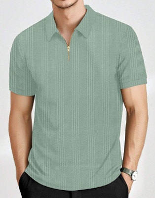 Tylissa Self Design Men Zip Neck Reversible Light Green T-Shirt