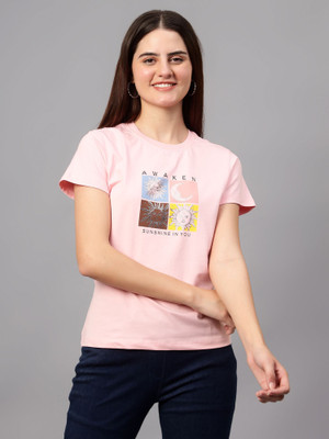 CANTABIL Printed Women Round Neck Pink T-Shirt