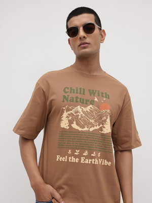 Roadster Printed Men Round Neck Brown T-Shirt