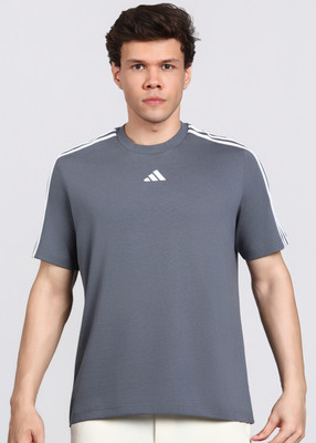 ADIDAS Striped Men Crew Neck Grey T-Shirt