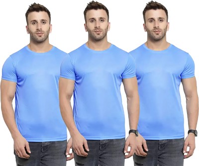 Think Tech Solid Men Round Neck Light Blue T-Shirt