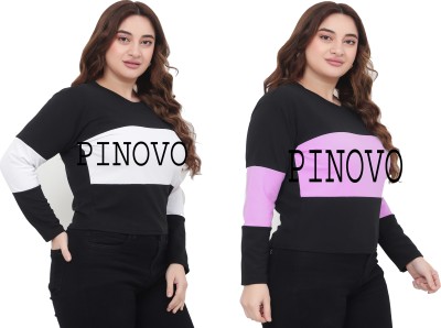 PINOVO Printed Women Round Neck Black, Purple T-Shirt