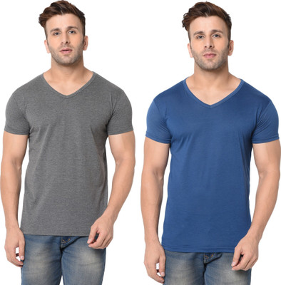 Tresna Fab Solid Men V Neck Dark Blue, Grey T-Shirt