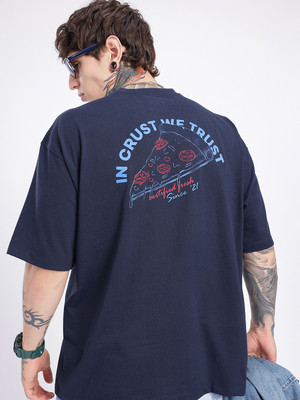 Glitchez Graphic Print Men Round Neck Navy Blue T-Shirt
