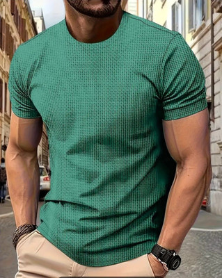 BOOM BAAM Self Design Men Round Neck Green T-Shirt