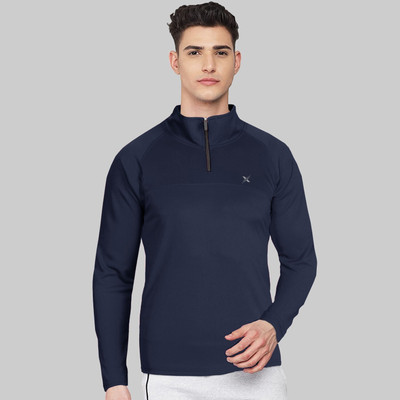 FTX Solid Men Zip Neck Dark Blue T-Shirt